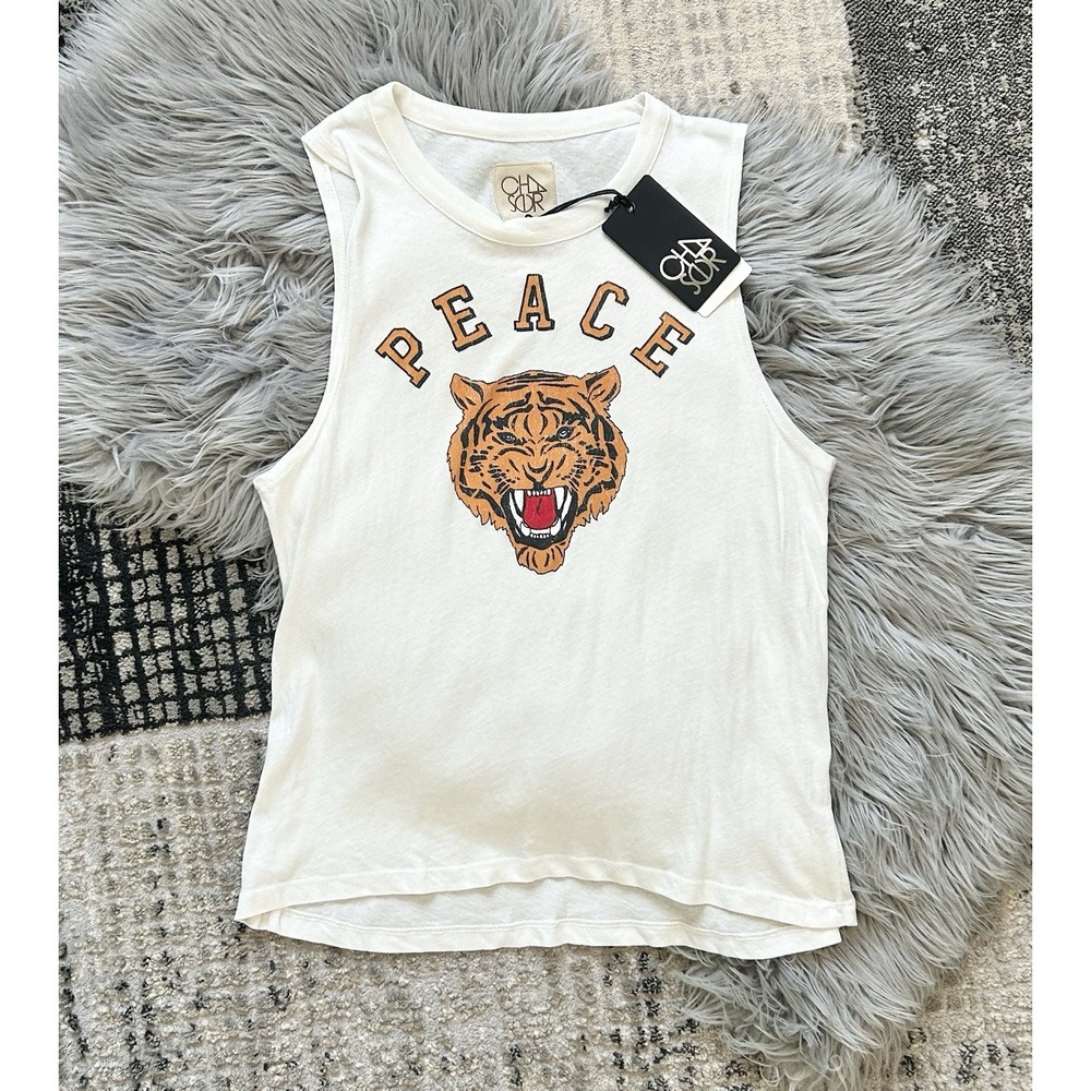 Chaser Brand Women's White "Peace" Tiger Styled Flowy Tank Size Large